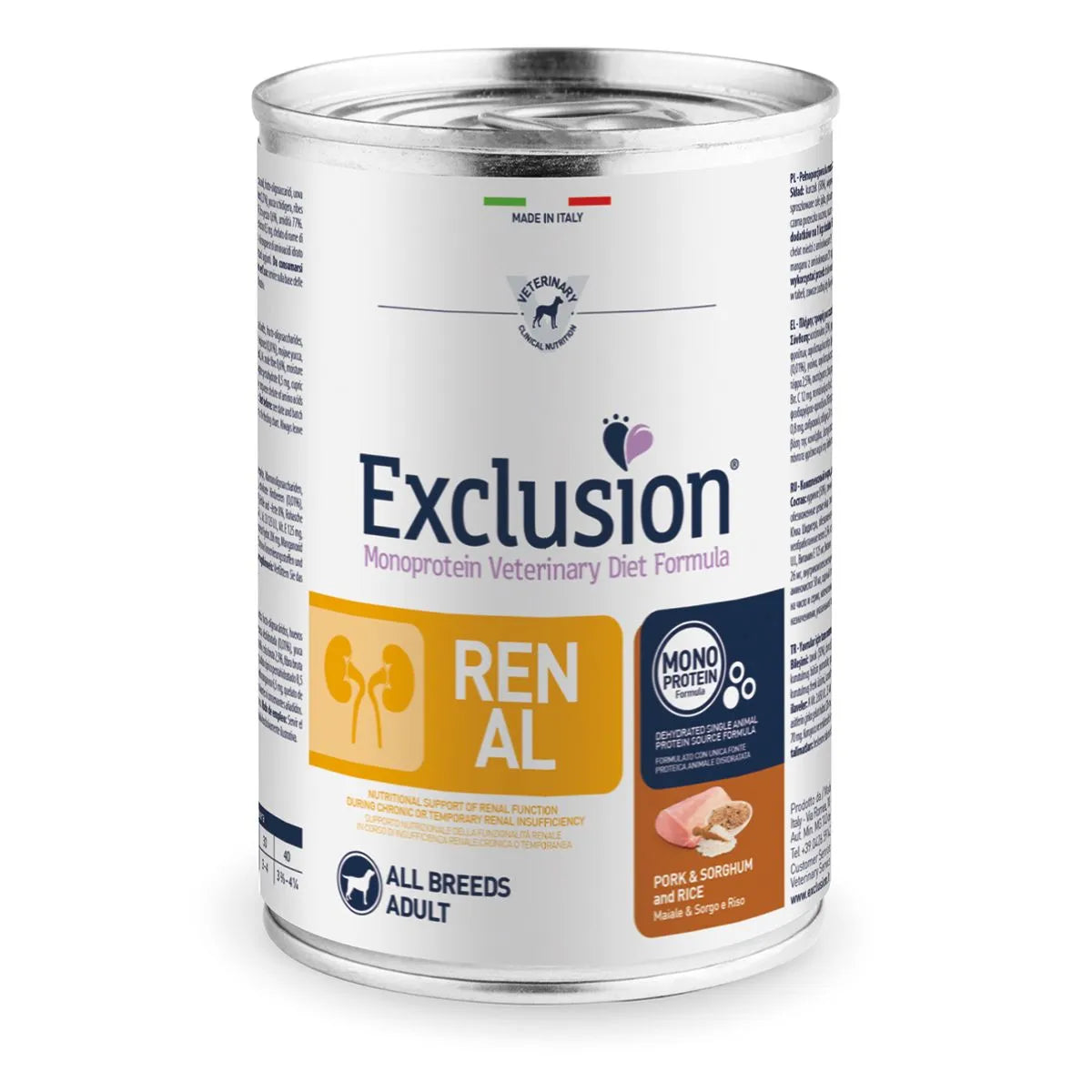 Exclusion Dog Adult Diet Renal Lattina 400G Maiale Sorgo e Riso