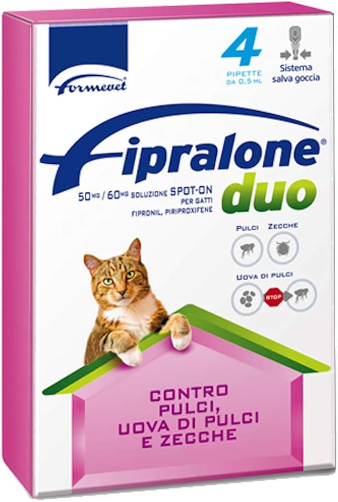 Fipralone Duo Gatto 4 PIPETTE - Antiparassitario Gatti contro pulci e zecche