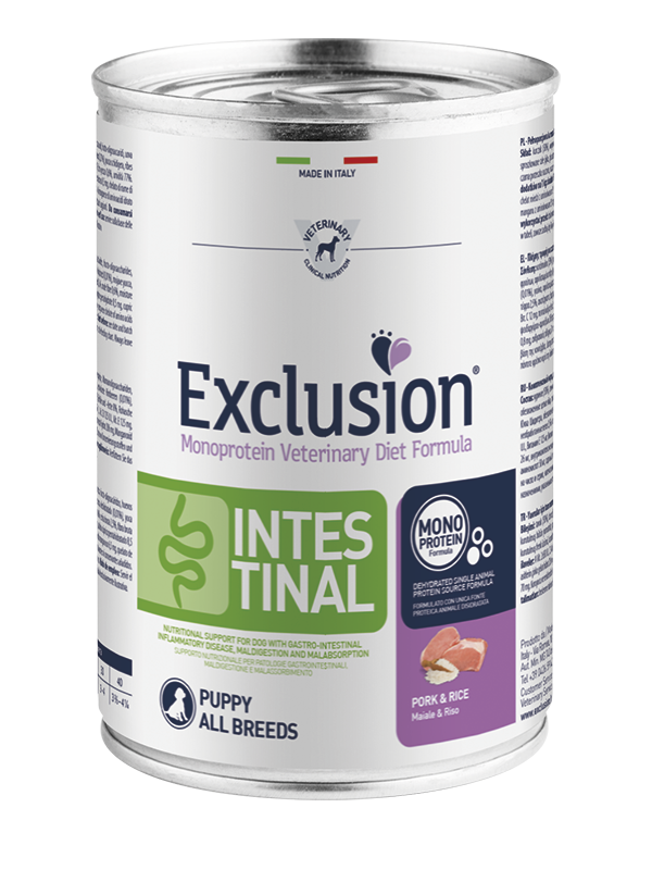 Exclusion Dog Puppy Diet Intestinal Lattina 400G Maiale e Riso